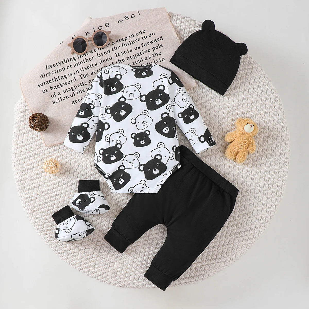 0-9 Months Baby Boy Set Little Bear Long Sleeve Bodysuit+Pants+Hat+Socks 4pcs/Set Baby Spring Autumn clothing Newborn set