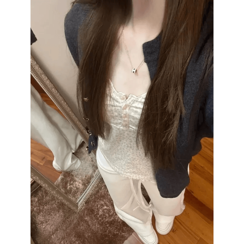 Gray Cardigan Sweater Women Loose Short Knit Coat For Spring And Autumn - AIAZ