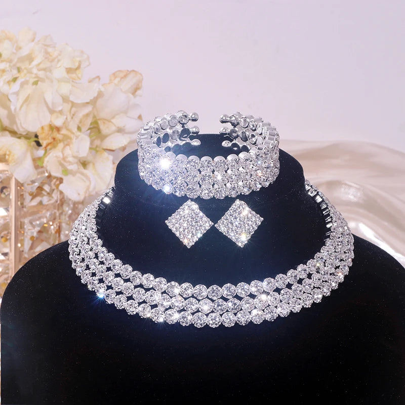 Classic Rhinestone Crystal Choker Necklace Earrings and Bracelet Set for Women Silver Color Bridal Wedding Party Jewelry Sets