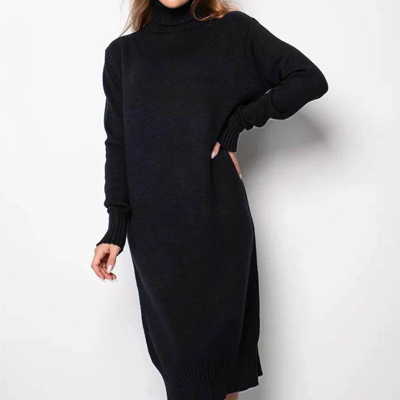 Ribbed Turtleneck Knitted Dress Women Autumn Winter Basic Long Sleeve Sweater Dress Woman Solid Color Long Dresses Female - AIAZ