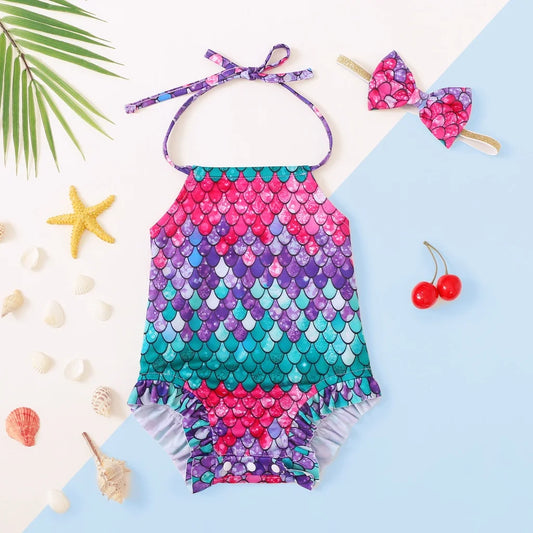 3-24 Months Baby Girl Swimsuit Mermaid Sling Bodysuit+Headwear 2PCS Set Fashion Soft Summer Toddler Girl Beach Swimming Wear