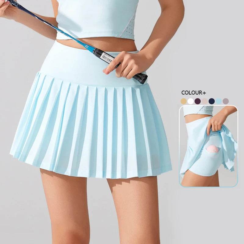 Women Summer Tennis Skirt Solid Color Pleated 2 In 1 Running Skirt Breathable Quick Dry Pocket Badminton Skirt Short Sportswear - AIAZ