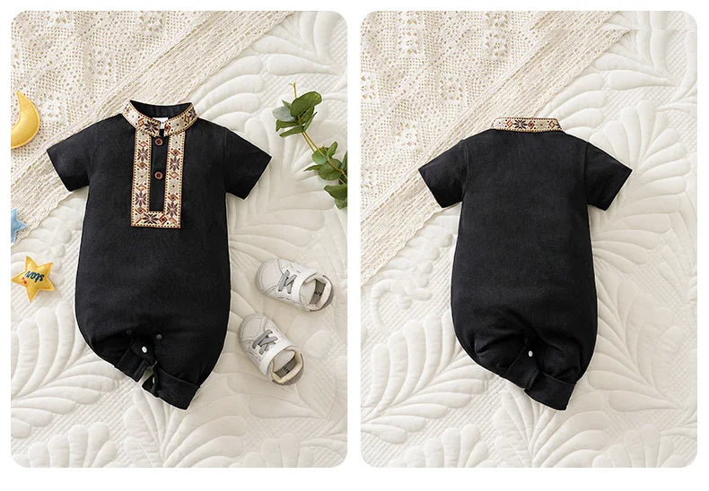 Ethnic Retro Lace Black Design 100% Cotton Soft&Comfortable 2025Newborn Summer0-18Months Boys and Girls Baby Short-Sleeve Romper