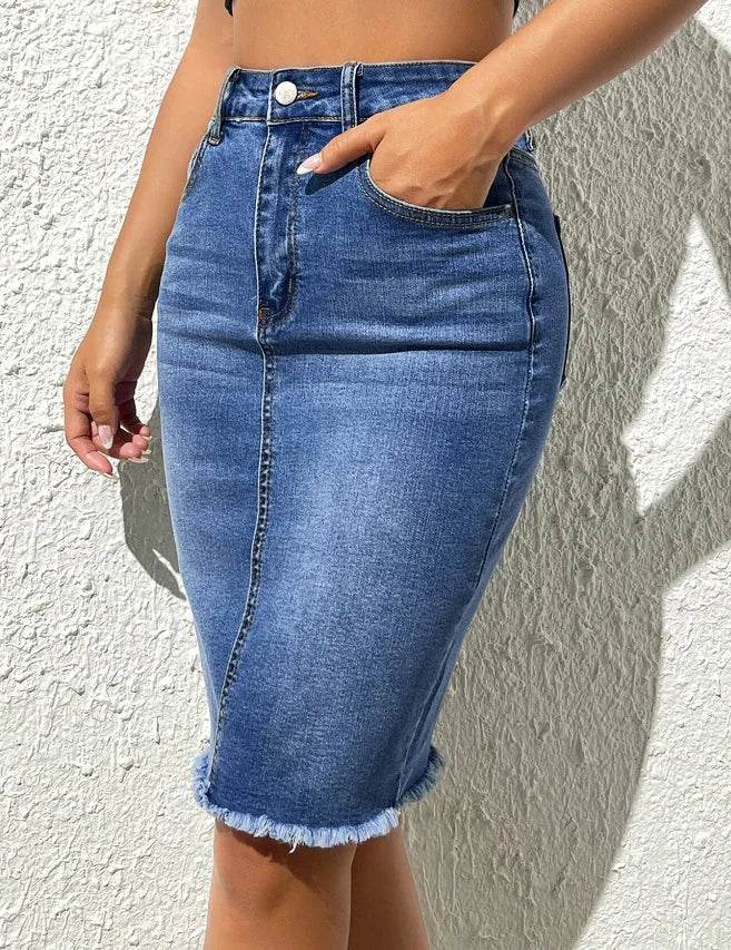 Skirts Women Denim Skirt Mid Length Slim Fit Solid High Waist Casual Regular Elegant Splice Hip Wrap Button Pocket Summer - AIAZ