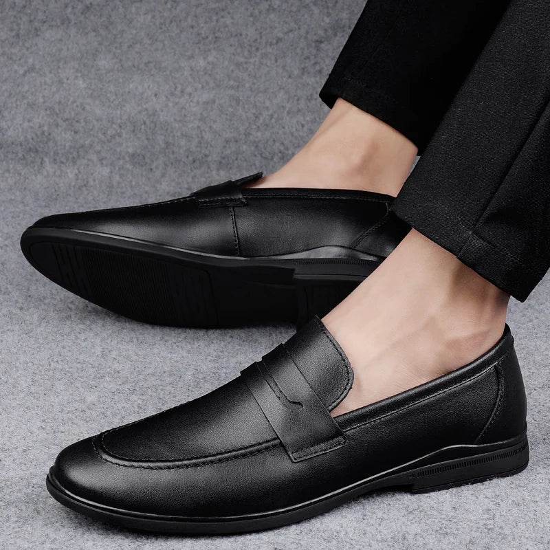 Classics Men's Brown Business Officially Shoes Leather Wedding Party Shoes for Men Quality Loafers Genuine Leather Pointed Shoes - AIAZ