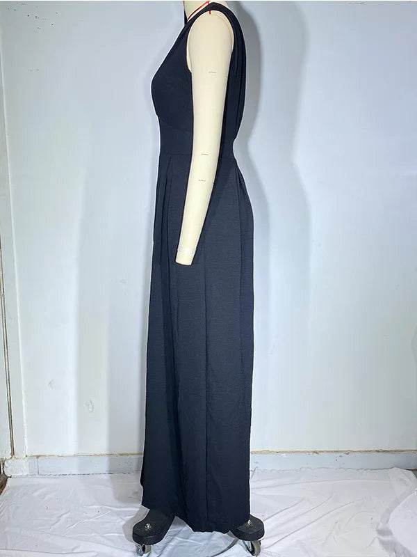 Jumpsuit Women Summer New Sleeveless Sexy Deep V-neck Solid Color High Waist Wide Leg Jumpsuits Elegant Commuting Lady Playsuits - AIAZ