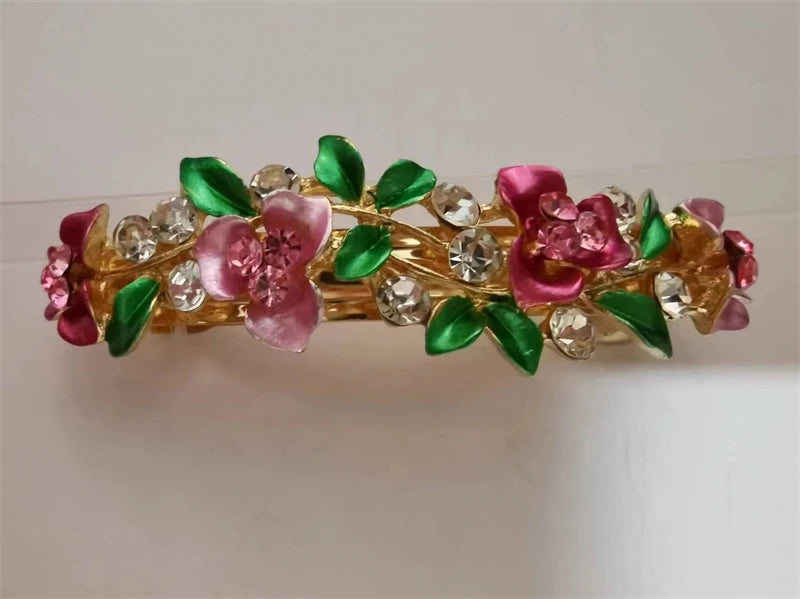 Red Crystal Flower Bow Spring Hairpin Vintage Ink Blue Rhinestone Horizontal Clip Top Clip Elegant Mom Fashion Hairpin Korean