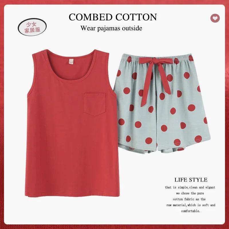 New women's pajamas set summer Cotton solid color top print shorts sleepwear Korean kawaii home clothes pijama two piece set - AIAZ