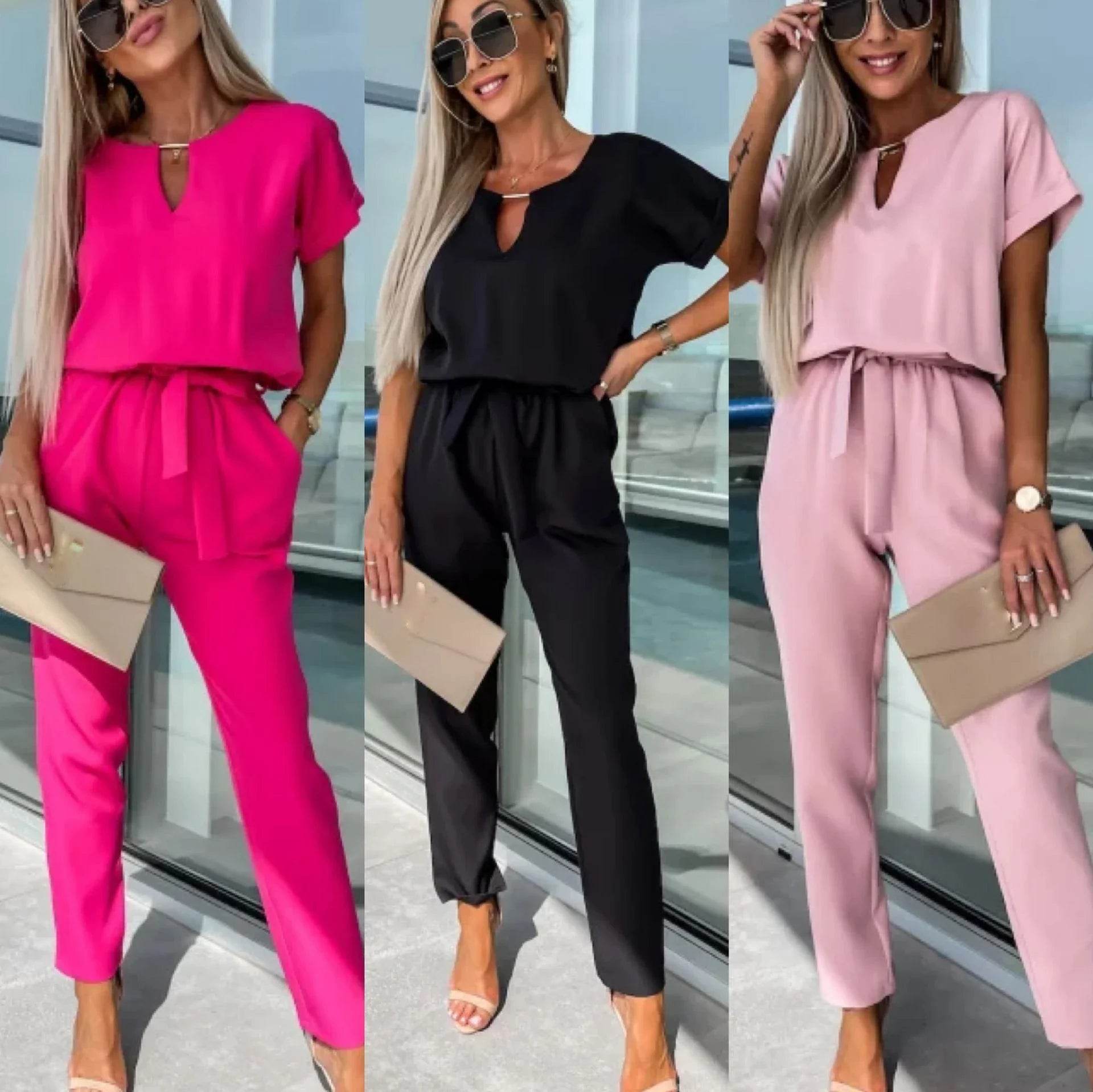 Jumpsuit Women 2023 Solid Color Short Sleeve V-neck Pocket Lace-up Pencil Long Pants Jumpsuits Summer Outfits Bodysuits - AIAZ
