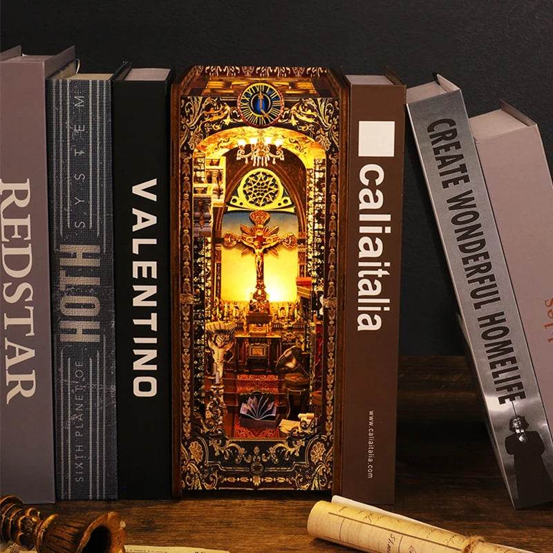 DIY Book Nook Shelf Insert Kit 3D Wooden Puzzle Doll House Assembly Building Model Bookends With Furniture LED Light Xmas Gifts - AIAZ