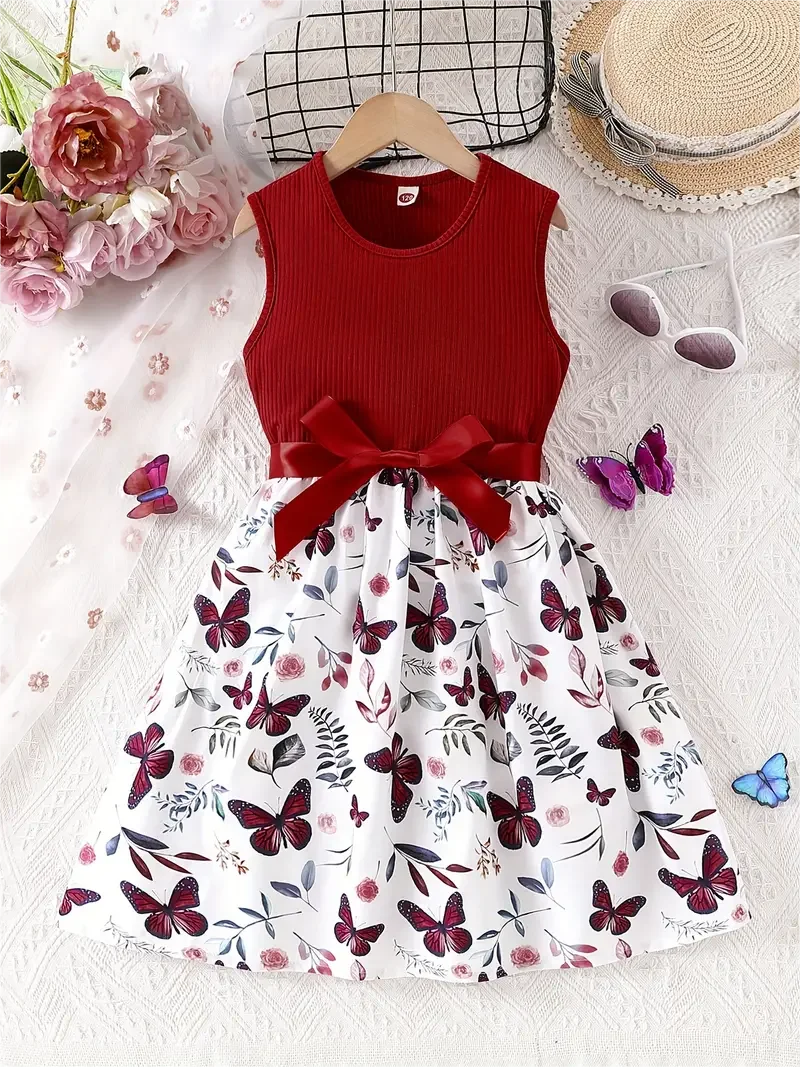 Girl Sweet butterfly print sewn sleeveless dress with bow belt, holiday/casual outing, summer gift