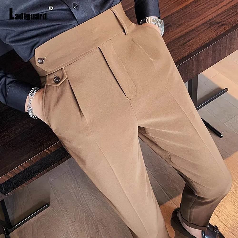 Men Elegant Formal Suit Pants for Party Wedding Solid Khaki Stand Pocket Trousers Italian Naples Fashion Buttons Up Suits Pants - AIAZ