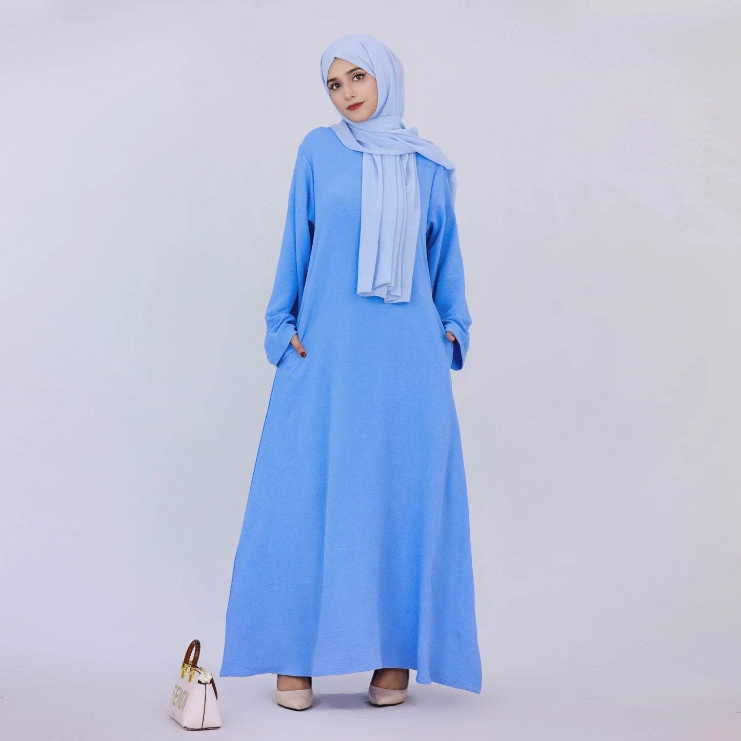 2025 Fashion Simple Muslim Dress Solid Abaya Arab Turkey Dubai Kaftan Modest Long Sleeve Maxi Dress Islamic Clothing LR593 - AIAZ