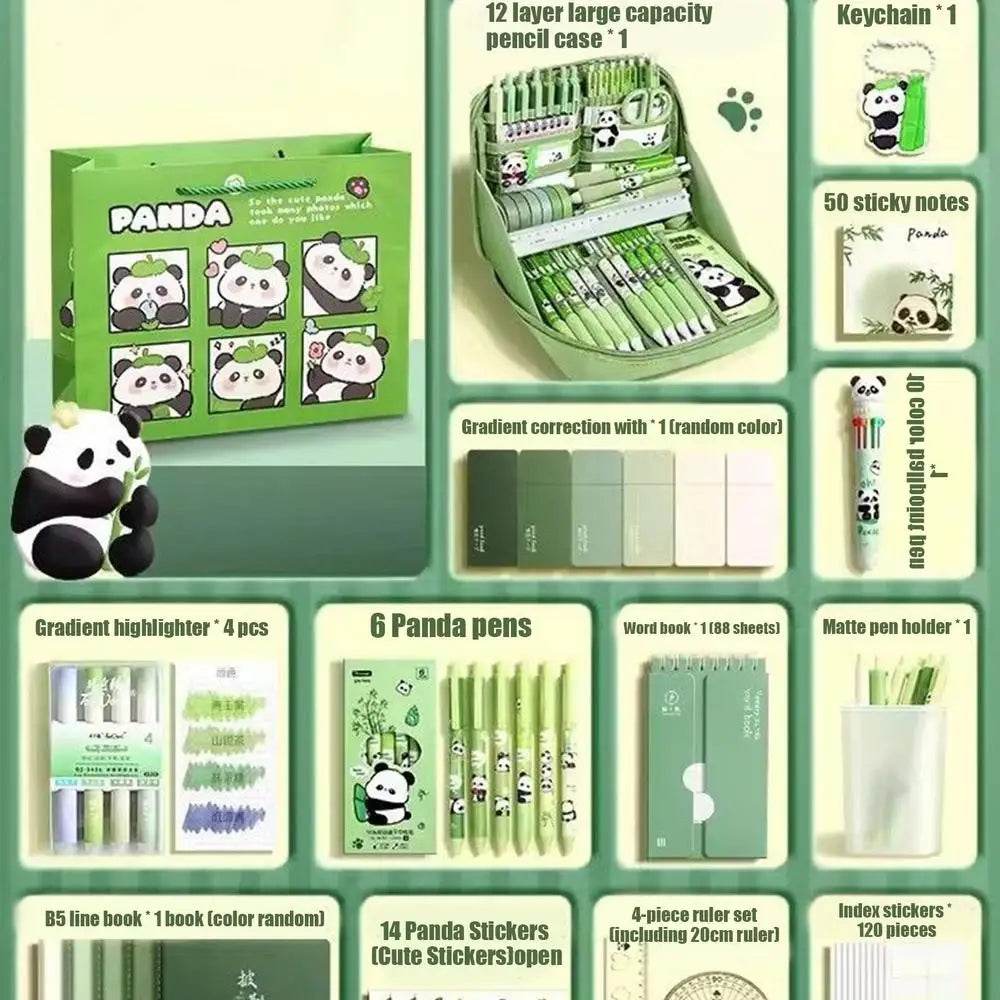 Panda School Supplies Stationery Set Cute Studying Supplies Stationery Set Ruler Notebook Keychain Pens Pencil Case Tab Stickers - AIAZ