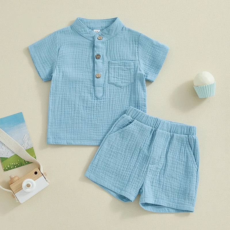 Suefunskry Toddler Boys Summer 2Pcs Casual Outfits Solid Color Short Sleeve Button Tops and Elastic Waist Shorts Sets 6M-4Y