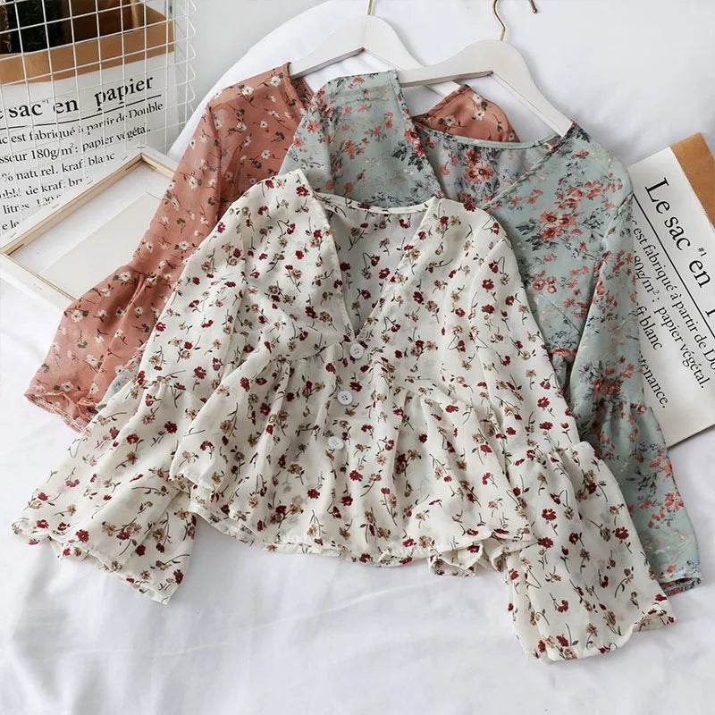 Blouses Women Temperament V Neck Floral Print Sweet Small Fresh Long Sleeves Chiffon Shirt Autumn All-match Short Crop Top - AIAZ
