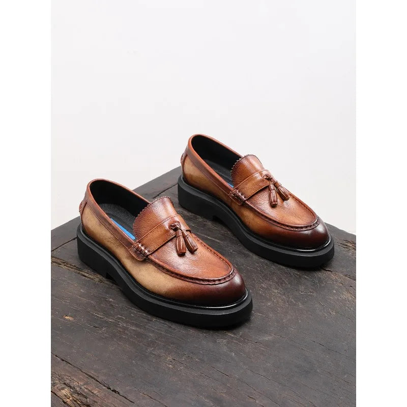 Mens Genuine Leather Loafers Slip On British Style Thick Sole Oxford Shoes Summer Casual Business Shoes
