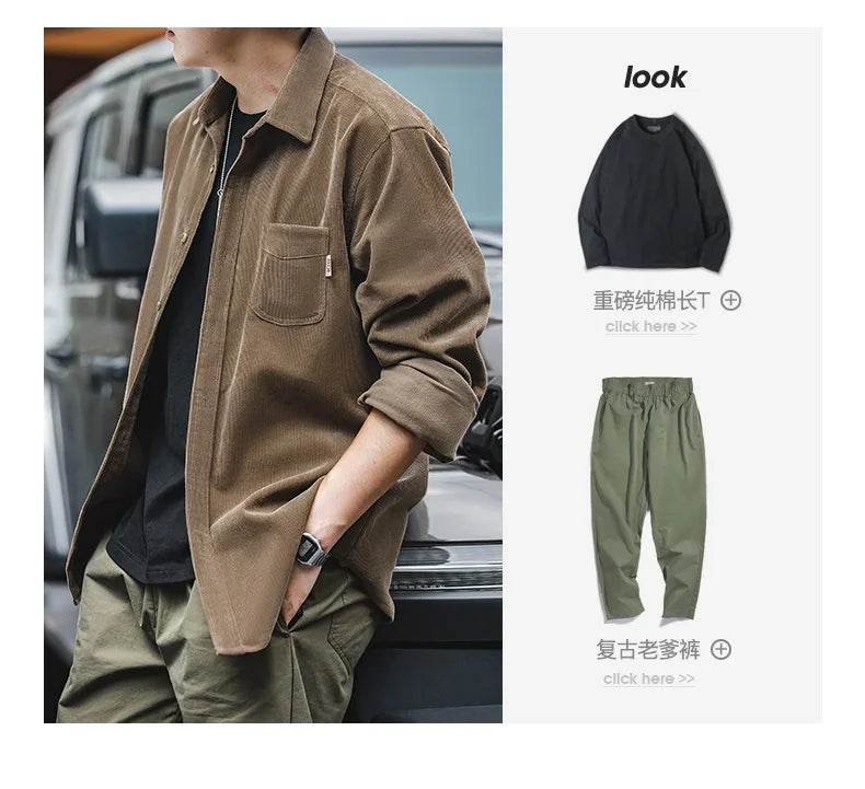 Maden Men's Shirt Casual Corduroy Long Sleeve Shirts Slim Fit Overcoat Spring Fleece Jacket Men's Clothing Retro Fashion Blouses - AIAZ