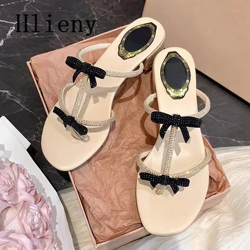Hlieny Silver Crystal Bowknot Slipper Summer Outdoor Sandal Women Square Low Heel Beach Slip On Flip Flop Slides Shoes Size 40