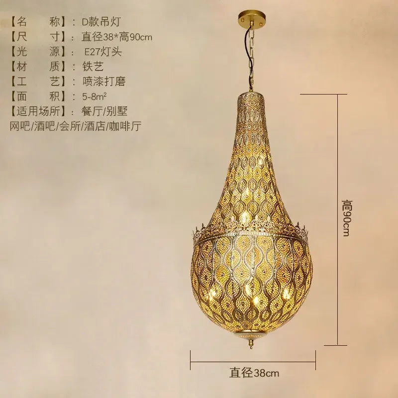 Vintage Antique Hollow Carving Pendant Lamp Southeast Asia Moroccan Golden Hanging Light Restaurant Bar Industrial Pendant Light
