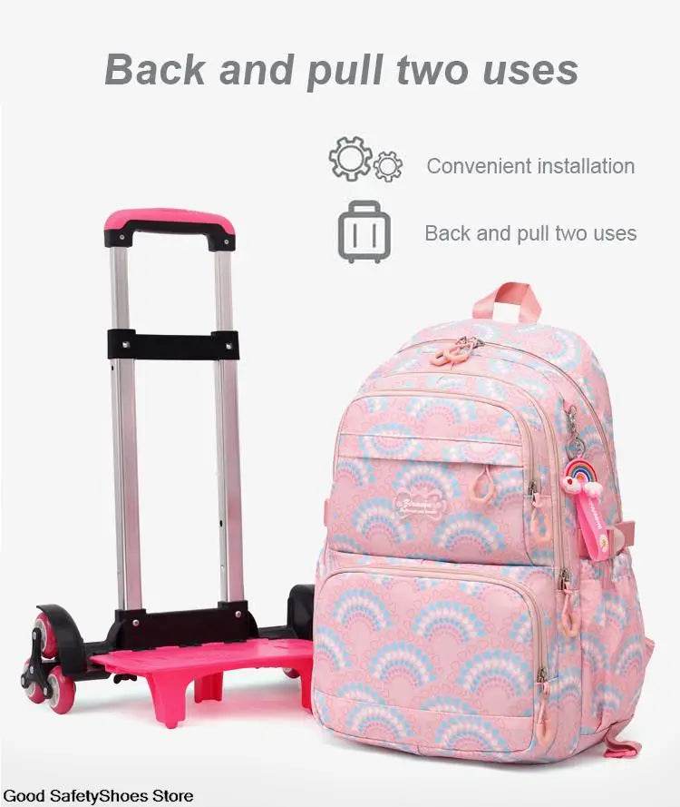 Rolling School Bags for Girls Backpack Children Waterproof School Backpacks with Wheels Middle School Trolley Luggage Back Pack - AIAZ