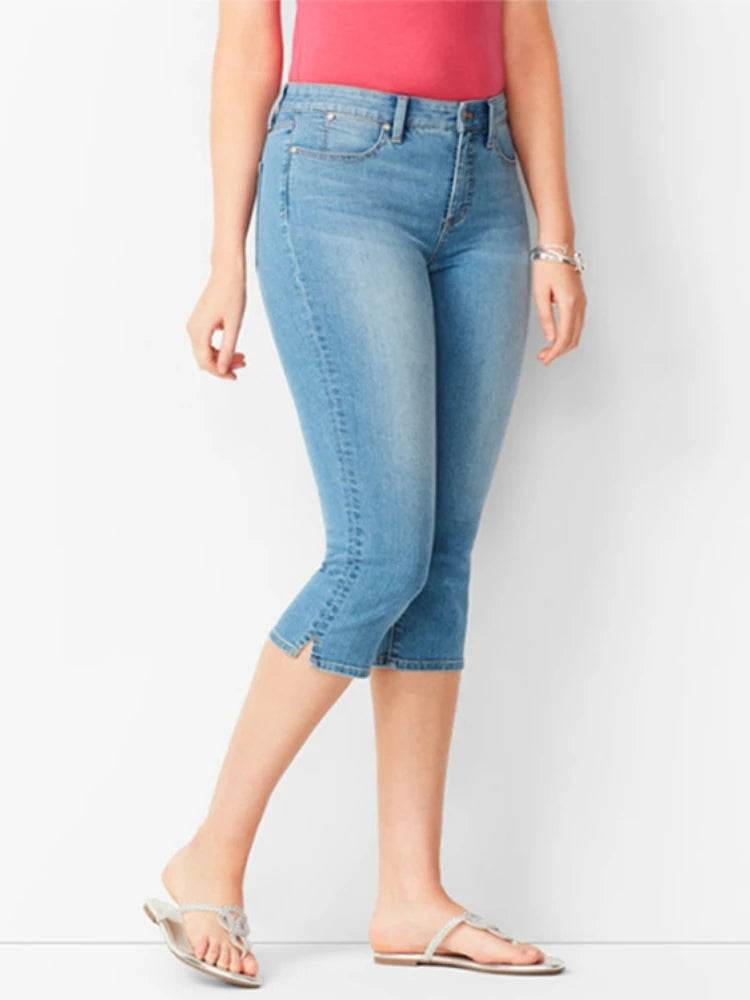 Woman's Jeans Black Denim Pants Ladies Cropped Trousers Skinny Knee Length Jeans Women Elastic High Waist Mom Jeans Oversize - AIAZ