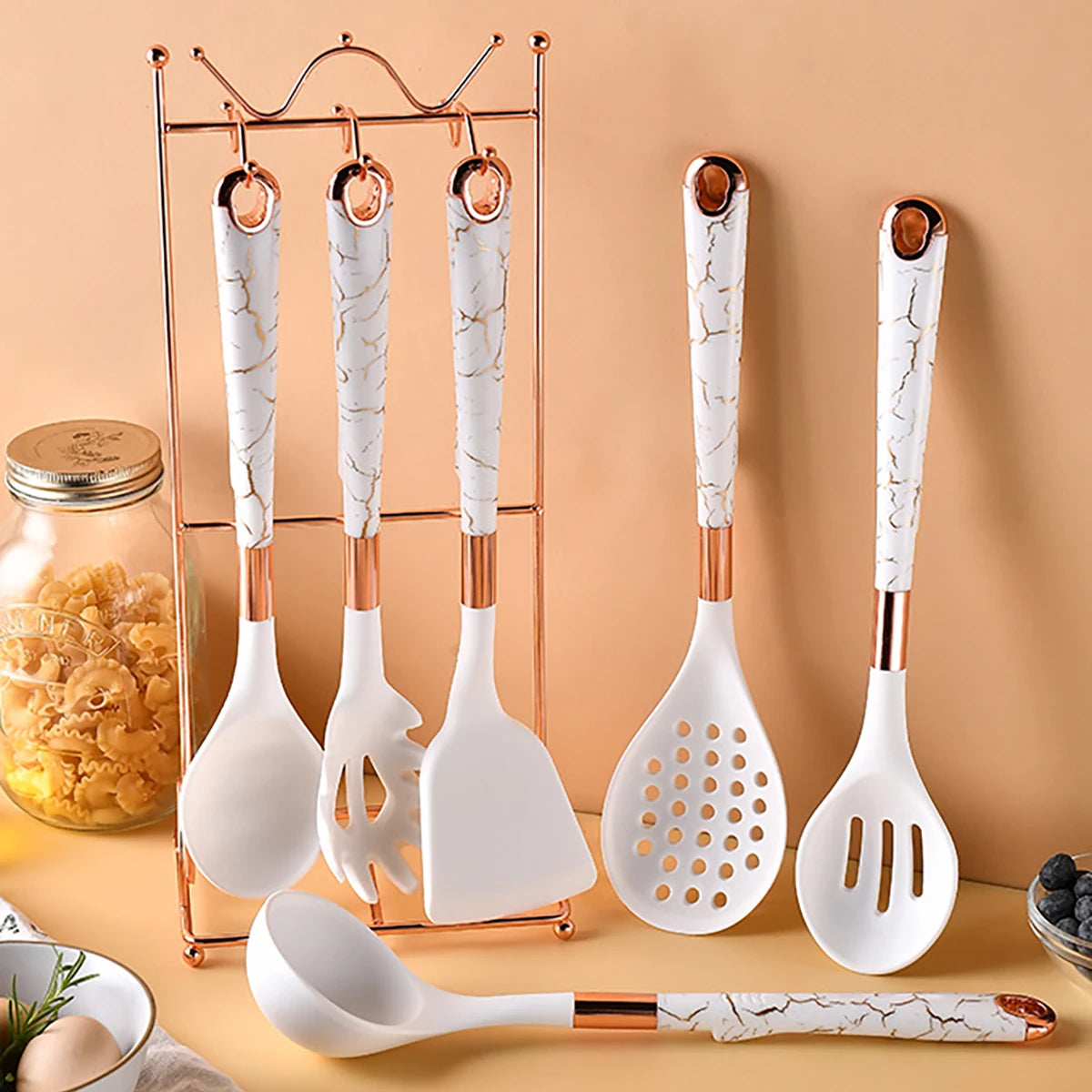8pcs Silicone Kitchenware Set Pot Shovel Soup Spoon Spaghetti Claw Cooking Set with Storage Rack Household Kitchen Tools Set