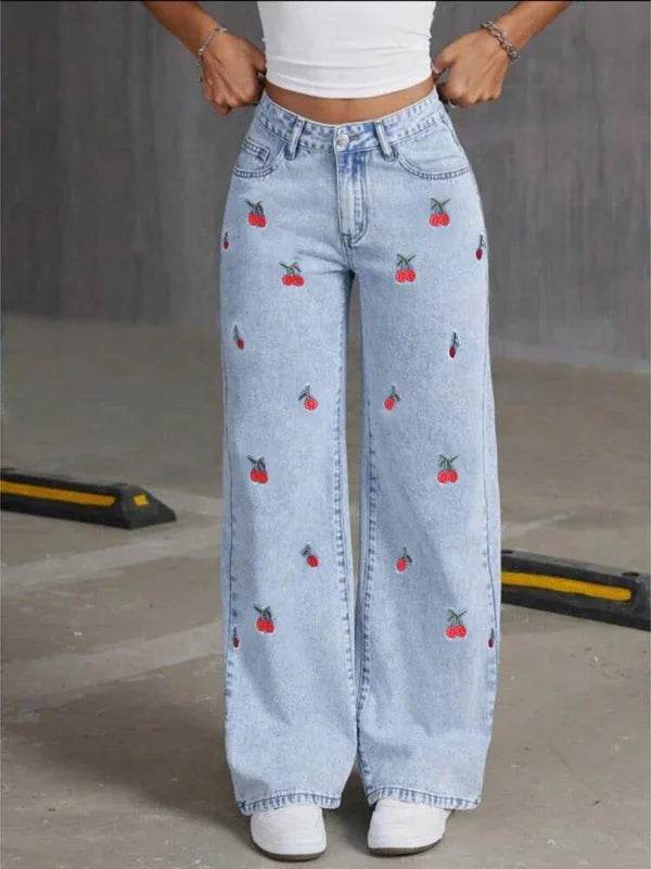 Denim Wide Leg Pants Women Jeans Embroidery High Waist Distressed Washed Mom Pockets Vintage Floor Length Trousers Streetwear - AIAZ