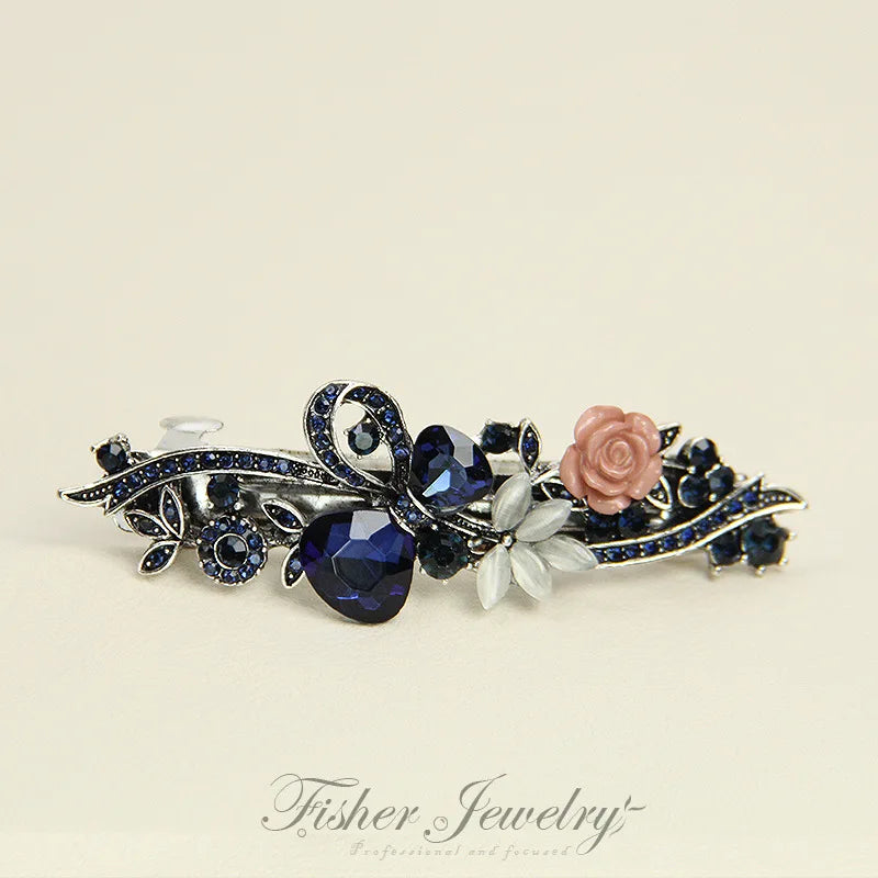 Red Crystal Flower Bow Spring Hairpin Vintage Ink Blue Rhinestone Horizontal Clip Top Clip Elegant Mom Fashion Hairpin Korean