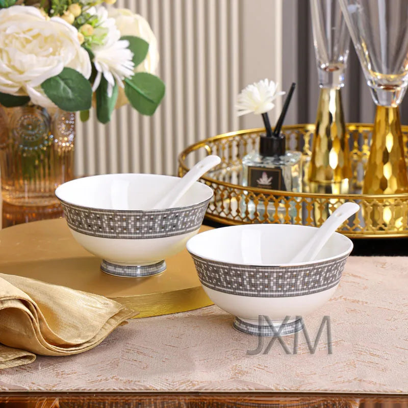 Luxury 10 piece set of European style gray H horse drawn cart tableware, circular gift box, bone china bowl, plate, spoon, plate