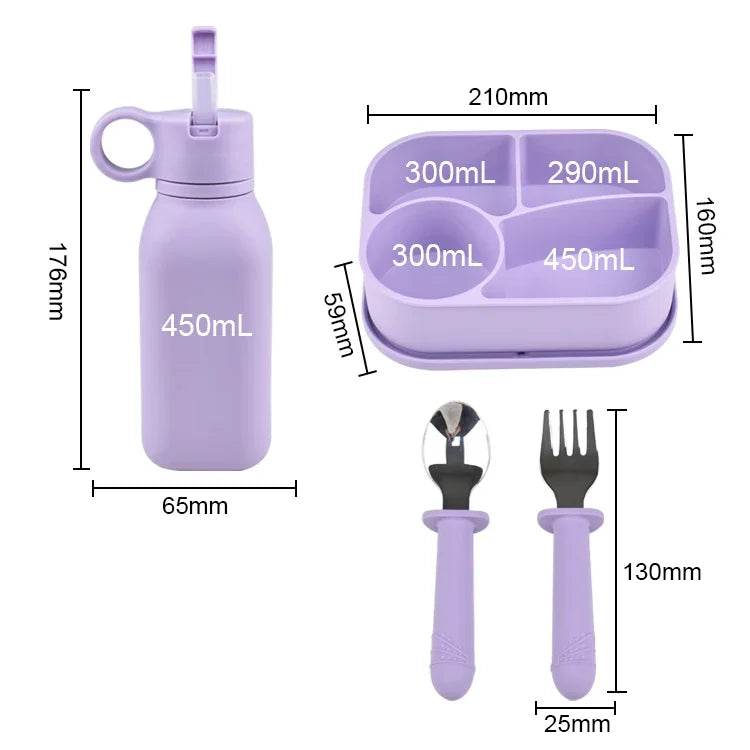 4PC/Set Silicone Bento Box Straw Water Bottle Leak-Proof Lunch Container Fork Spoon With Packaging Card BPA-Free Dishwasher Safe - AIAZ