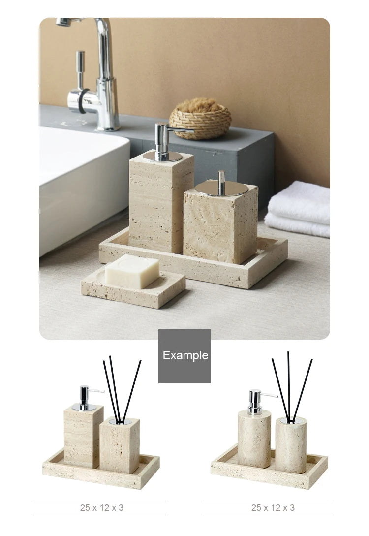 Beige Travertine Bathroom Accessories Set Natural Marble Soap Dispenser Soap Dish Reed Diffuser Vanity Tray Bathroom Set