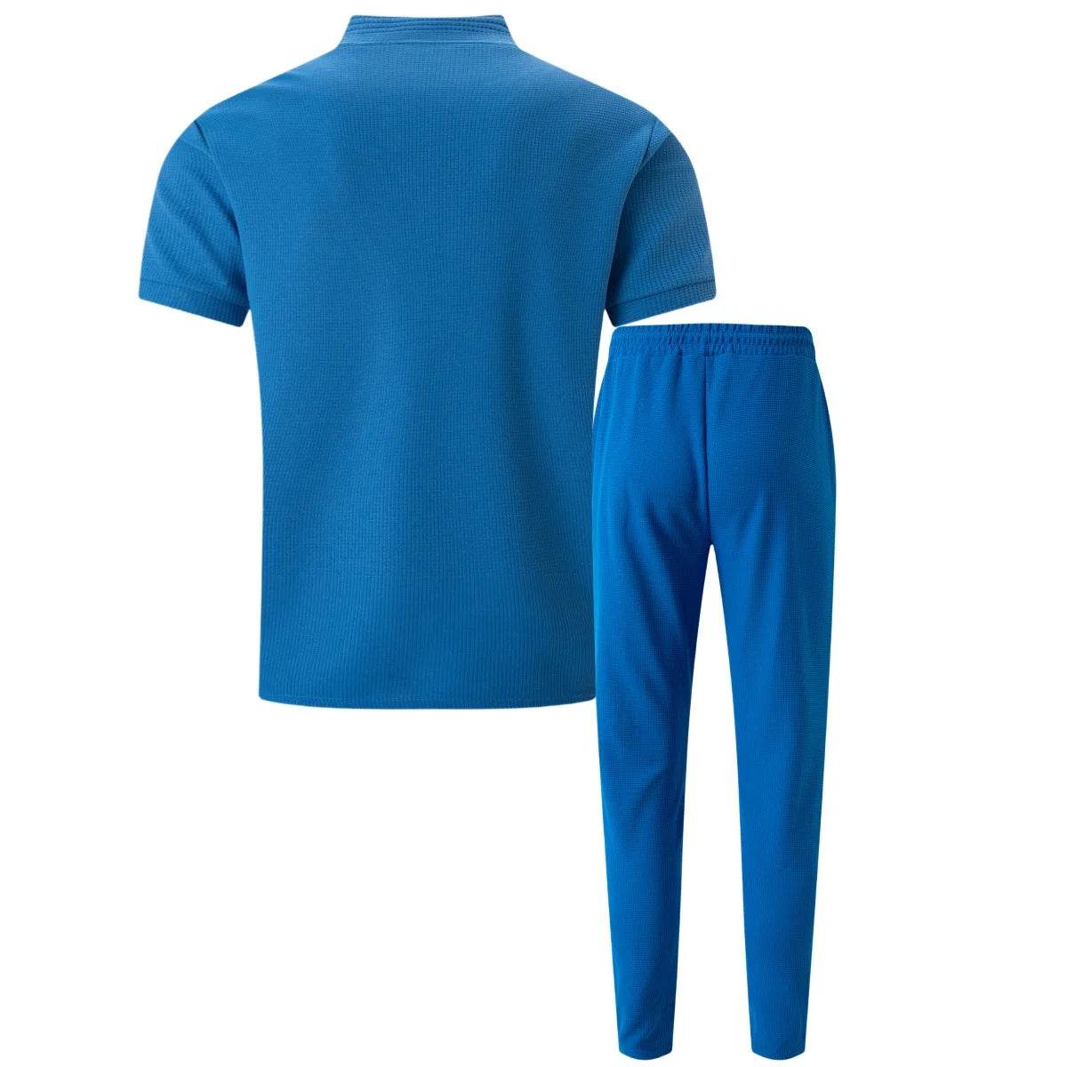 2025 Men's new summer suit Waffle collar solid color zipper short sleeve pants suit fashion casual loose sportswear - AIAZ