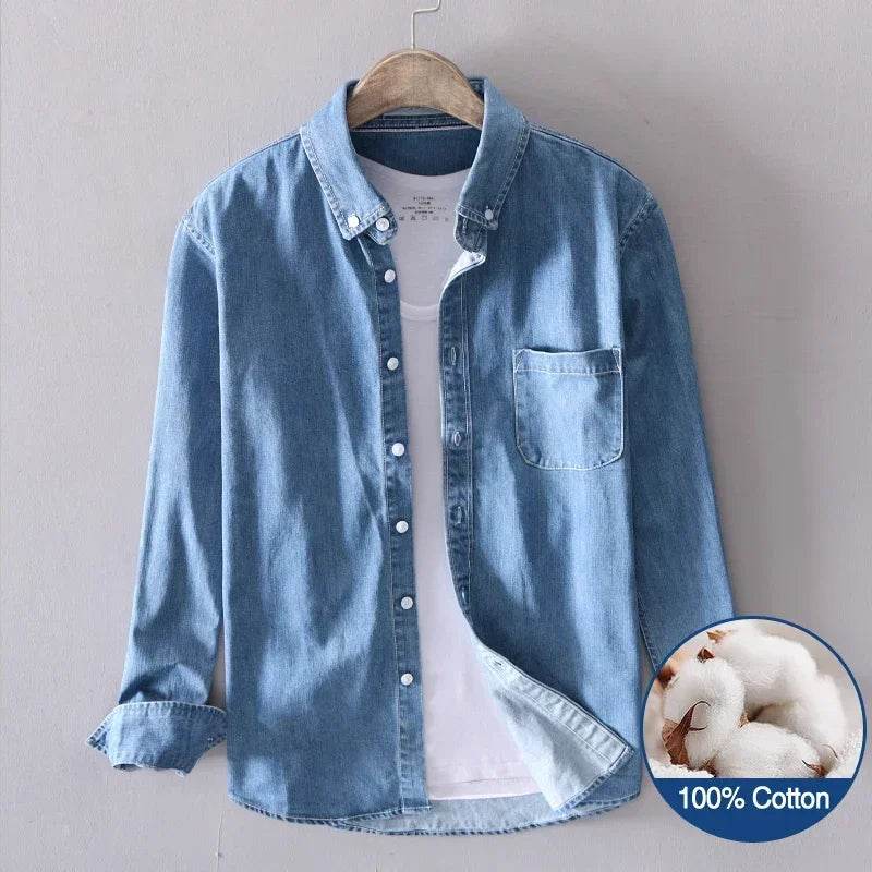 100% Cotton Autumn New Long-sleeved Denim Shirt Men Fashion Casual High Street Male Clothes Top Classic Light Blue Black Gray - AIAZ