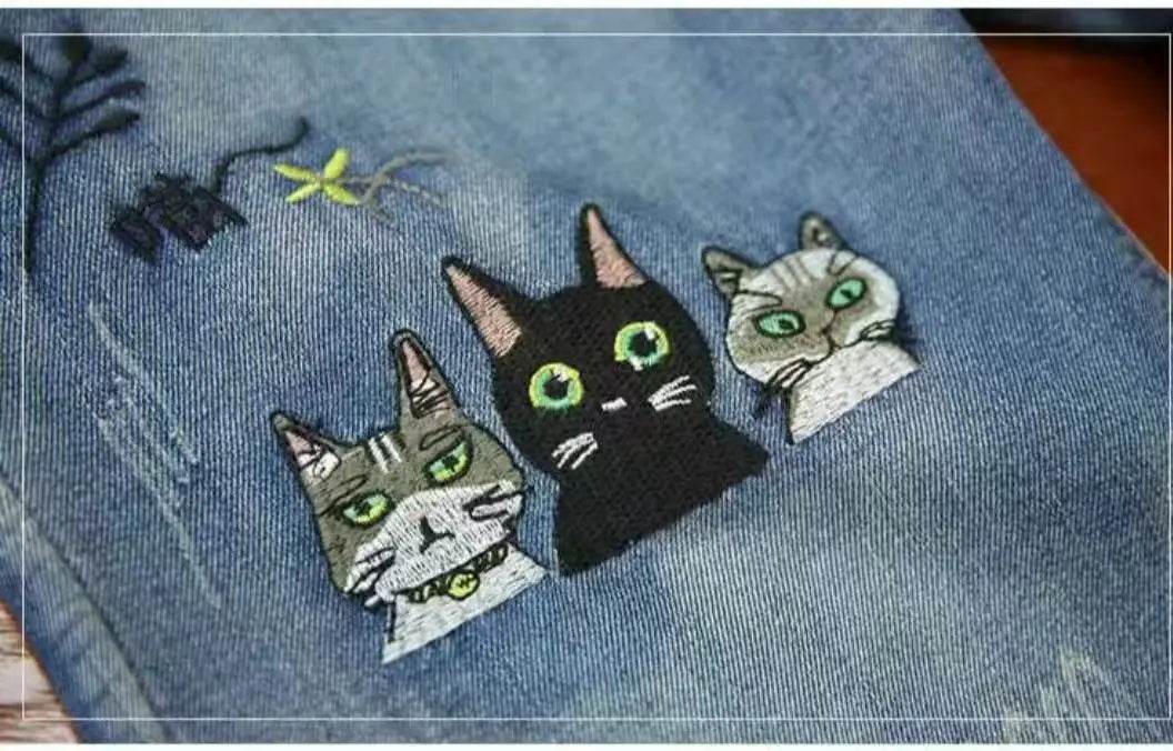 Womens Vintage Floral Loose Denim Pants 2025 Spring Chinese Style Casual Ripped Blue Jeans Holes Elastic Harem Trousers - AIAZ