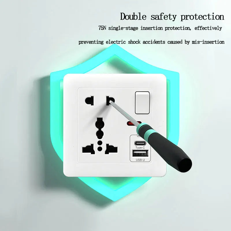 146 Type 2 Gang Multi-Ten-Hole Socket With 2Port USB Type-c 10w Fast Charging Panel British standard double five-hole socket