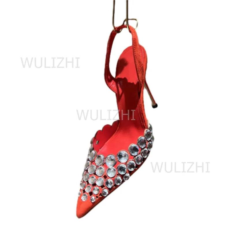 Silver Large Crystal Diamond Heels Sandals Shiny Women Red Leather Gold Slingback Pointed Toe Stiletto Black Bling Shoes Slip On - AIAZ