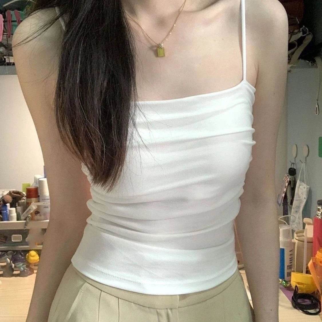 Summer Camisoles Tank Tops Women With Built In Bra Spaghetti Strap Tanks Vest Sleeveless Tees Cropped Top Solid Color Casual Top - AIAZ