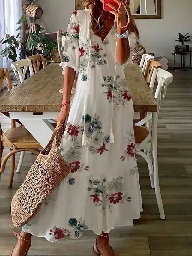 New Women's Spring Summer Dress Sexy V-neck Drawstring Printed Long-sleeved Dress Casual Loose Fashion Elegant Fresh Sweet Dress - AIAZ