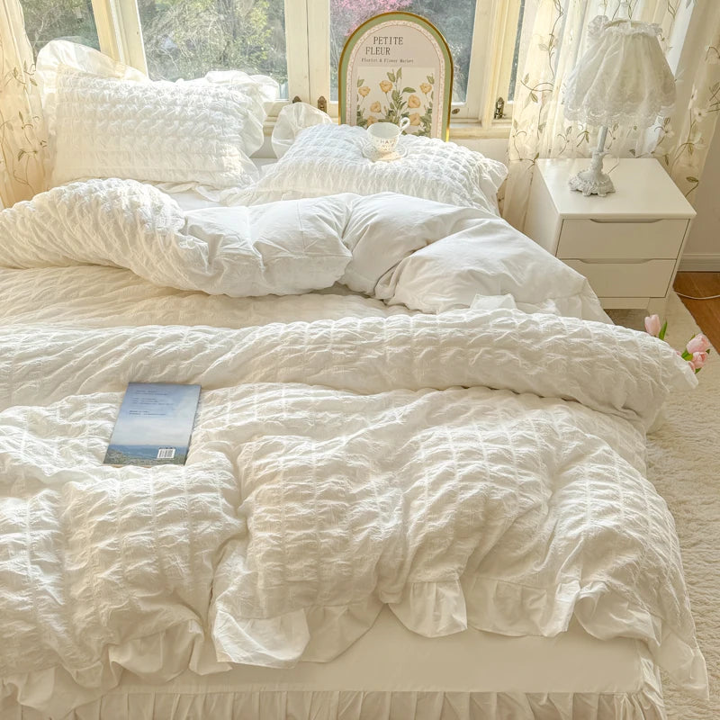 Korean Princess Style Lace Ruffles Bedding Set Skin-friendly Soft Seersucker Duvet Cover Set Bed Sheet Or Bed Skirt Pillowcases