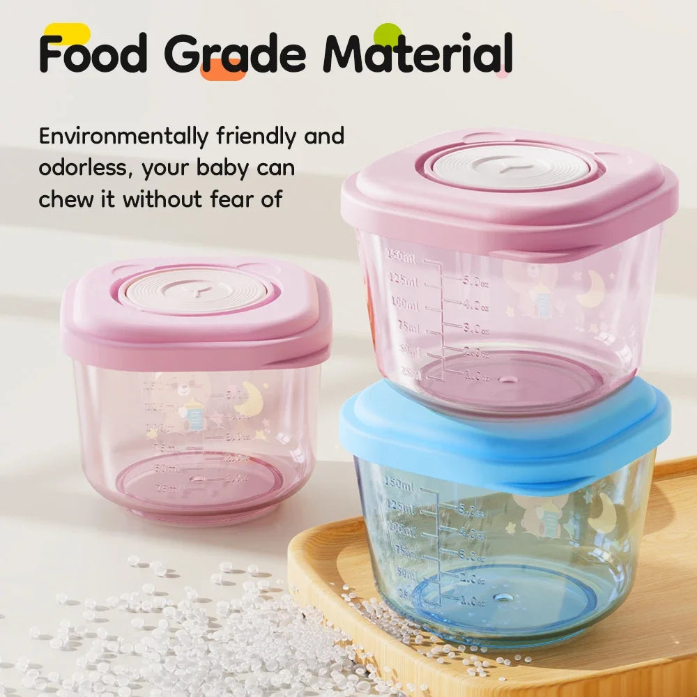 4pcs 150ml Cartoon Baby Food Containers Safe PP Material Heated And Refrigerated Feeding Boxes with Measurement Scale Lines
