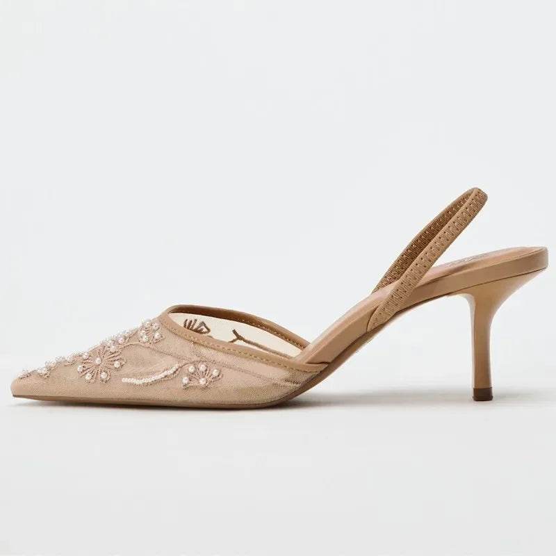 Mesh Embroidery Heeled Sandals Women Sexy Pointed Toe String Bead Slingback High Heels Summer Elegant Party Dress Designer Shoes - AIAZ