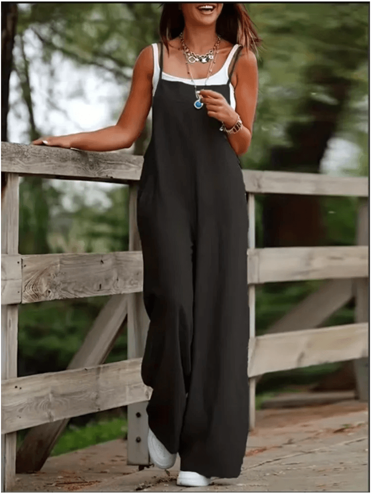 Women's Sleeveless Jumpsuit with Suspender Loose Casual Pocket Monochromatic Summer - AIAZ