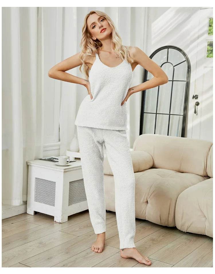 Pajamas for Women Pajama Sets Sexy Knitted Suspender Pajamas Autumn Winter Warm Solid Color Half-edge Velvet Suit Home Clothes - AIAZ