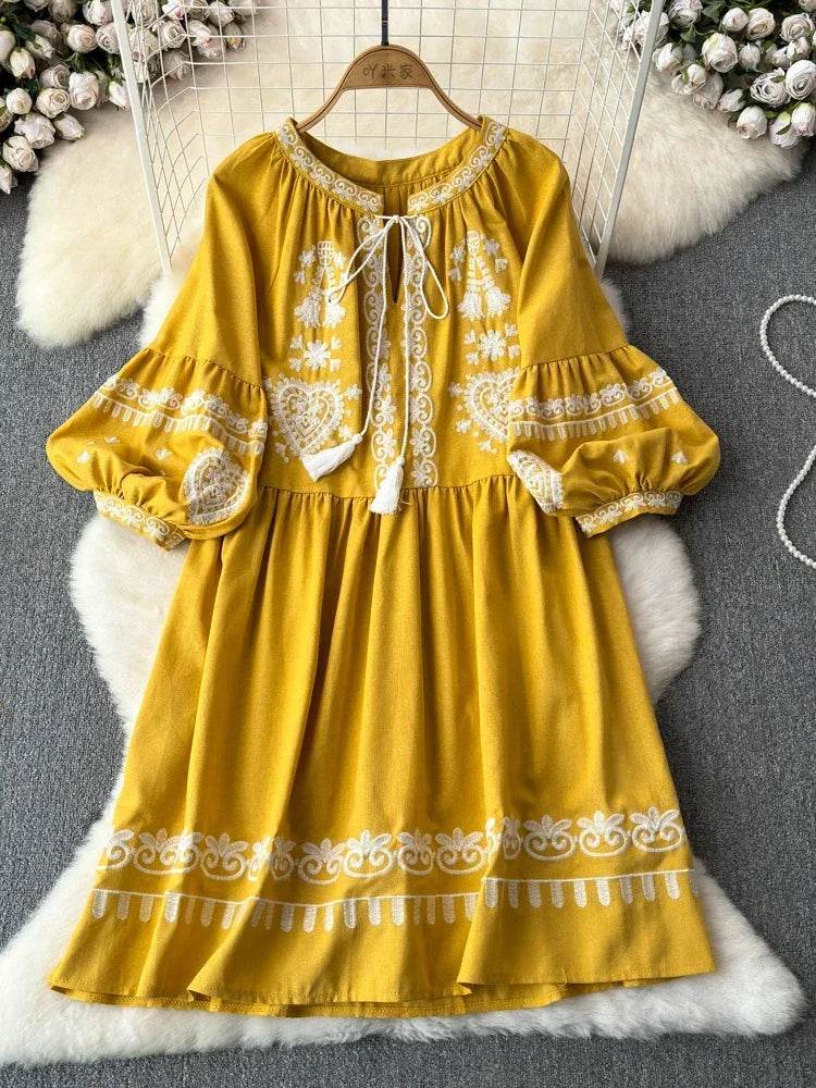 Women's Spring Summer Dress Bohemian Retro Ethnic Style Diamond Cotton Linen Blend Embroidered Lantern Sleeves Mini Dress A20 - AIAZ