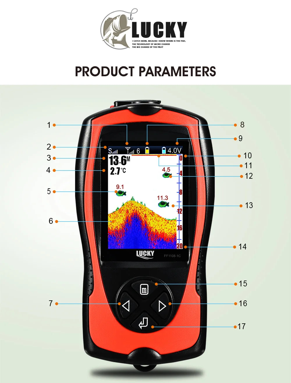 Lucky Sonar Fish Finder FF1108-1CWLA Rechargeable Wireless Sensor 45M Water Depth Echo Sounder Fishing Portable Fish Finder
