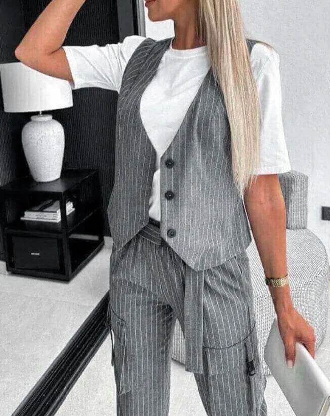 White Striped Vest Suit For Women Summer Casual V-neck Button Top Pocket Loose Pants Outfits Two-piece Suit For Women Elegant - AIAZ