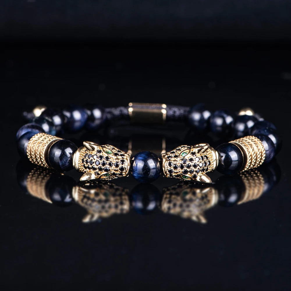 New Trend Double Leopard head Handmade tiger's-eye Bracelets  Accessories Handmade Men's Jewelry Pulseras homme
