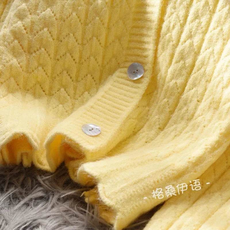 Women Cardigans Autumn Winter 2024 Single Breasted V-neck Knitted Sweater Spring Fashion Short Knitwear Solid Cardigan Jumpers - AIAZ