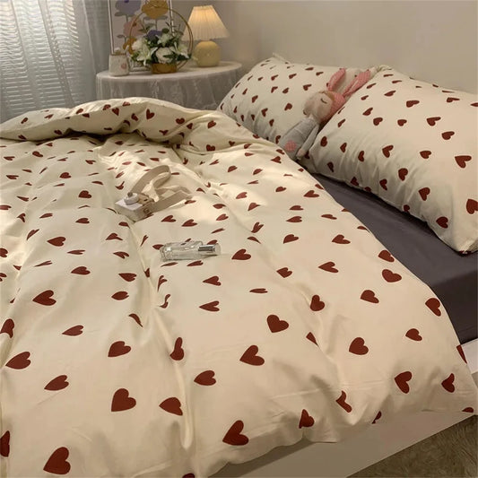 Korean Style Bedding Set Kid Adult Twin Full Queen Size Bed Flat Sheet Set Pillowcase Bed Linen Love Heart Duvet Cover